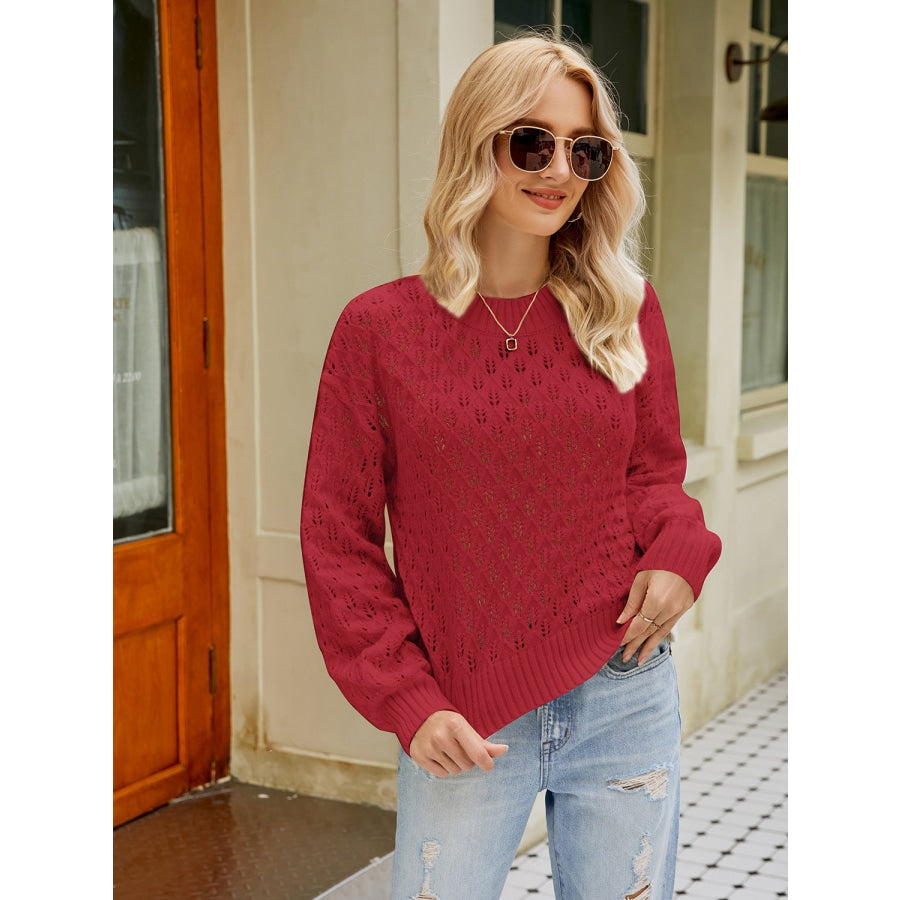 Openwork Round Neck Sweater Red Orange / S