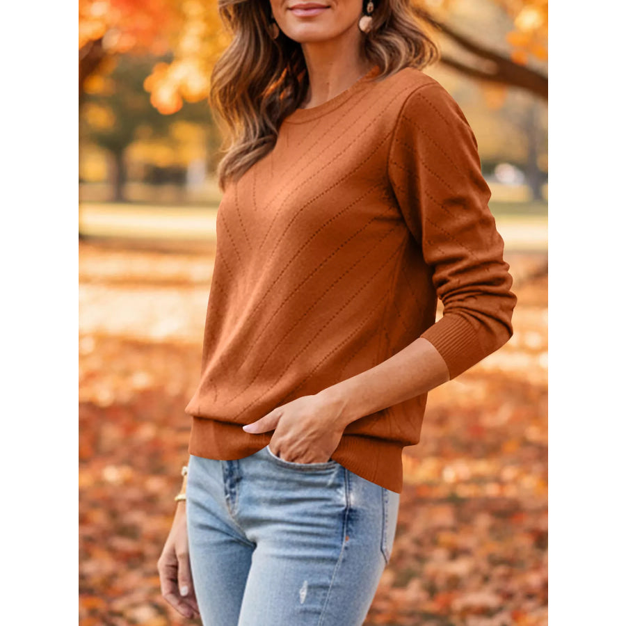 Openwork Round Neck Sweater Sherbet / S Apparel and Accessories