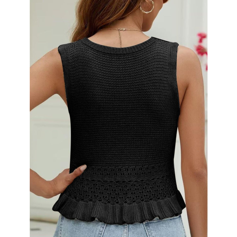 Openwork Round Neck Sweater Vest Apparel and Accessories