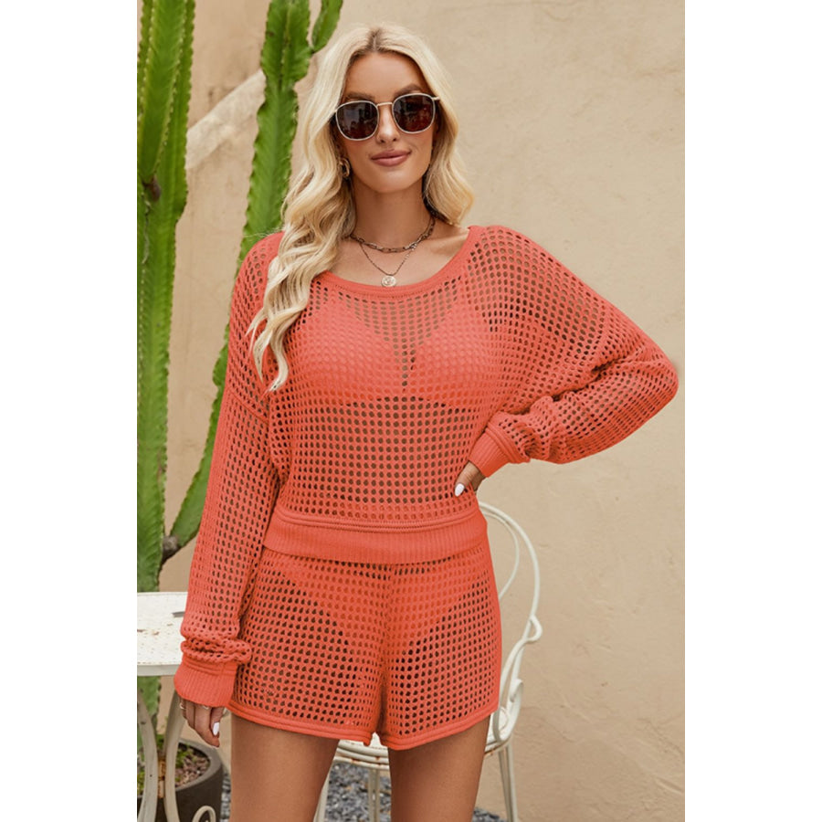 Openwork Round Neck Top and Shorts Swim Set Apparel Accessories