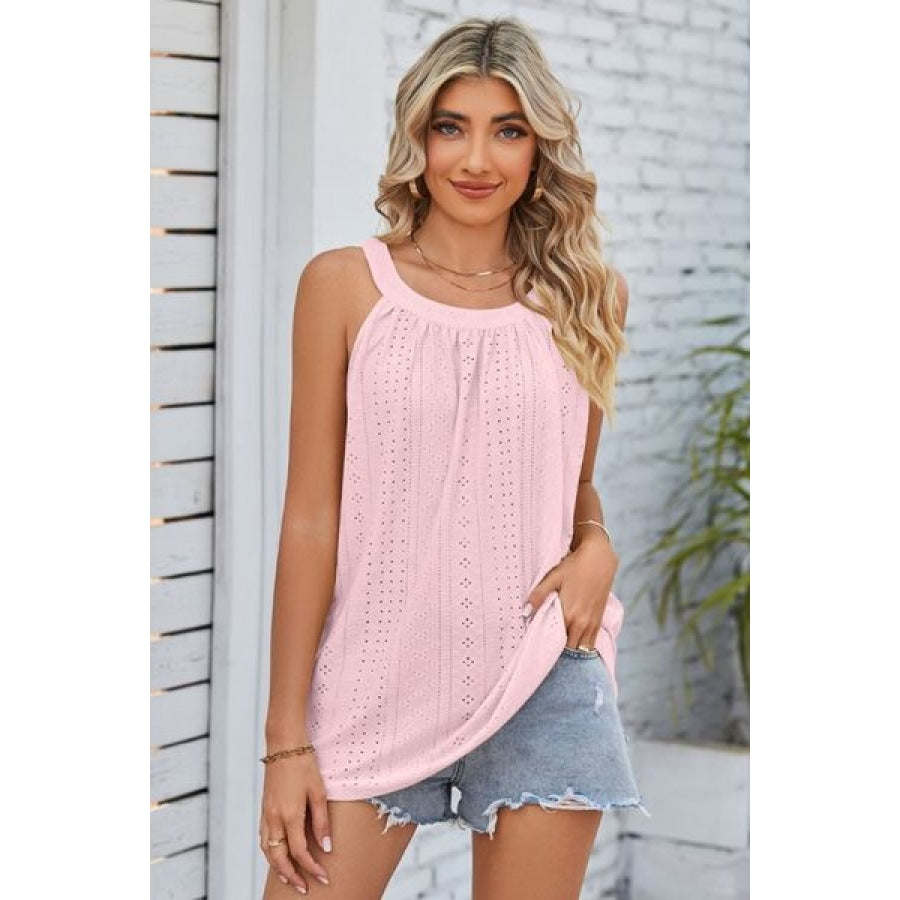 Openwork Round Neck Wide Strap Tank Blush Pink / S Clothing