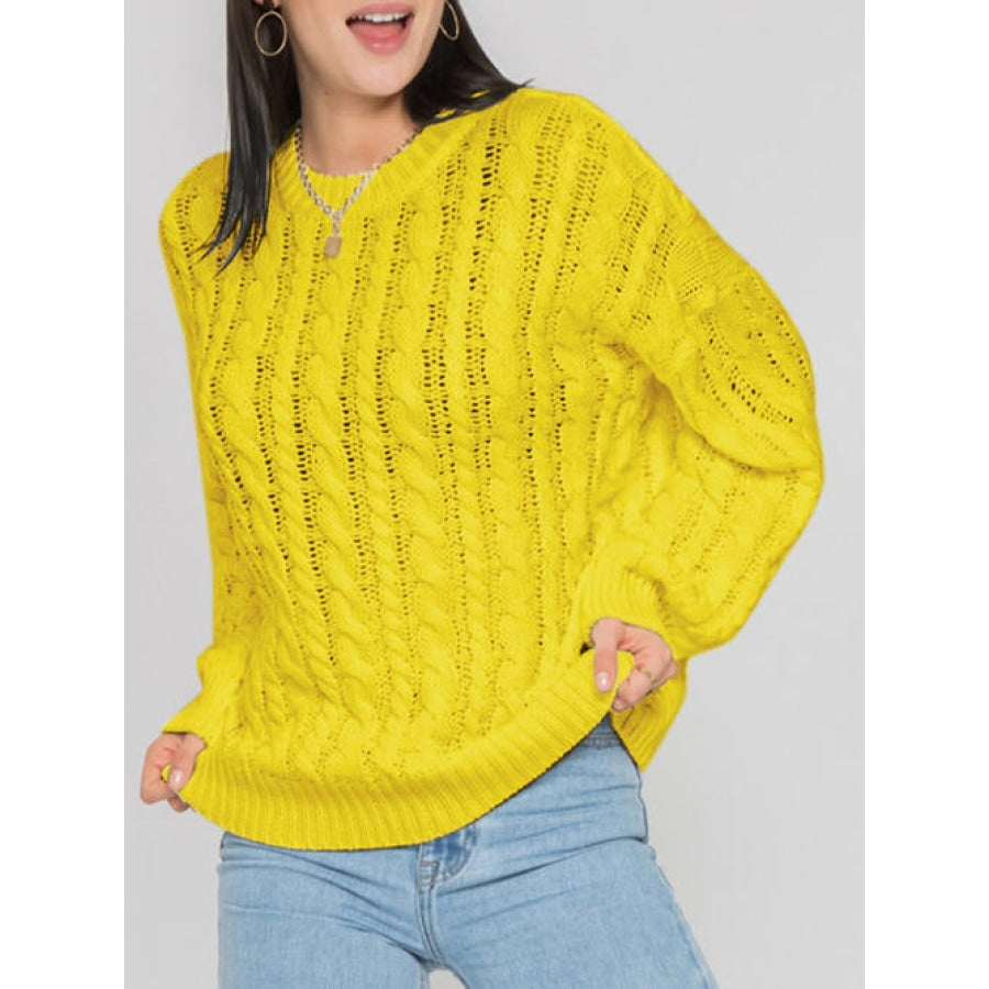 Openwork Round Sleeve Cable-Knit Sweater Banana Yellow / S