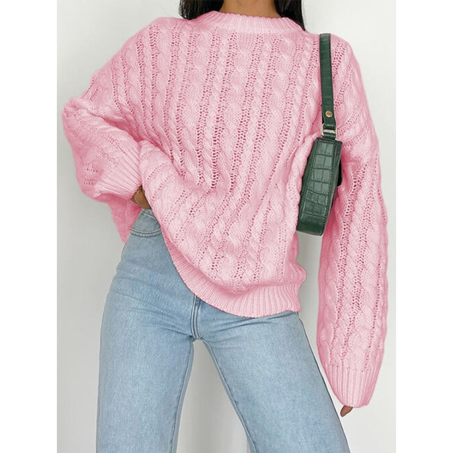 Openwork Round Sleeve Cable-Knit Sweater Carnation Pink / S