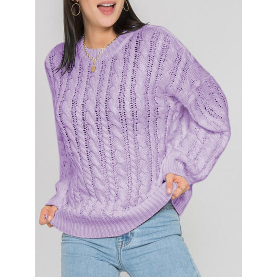 Openwork Round Sleeve Cable-Knit Sweater Lavender / S