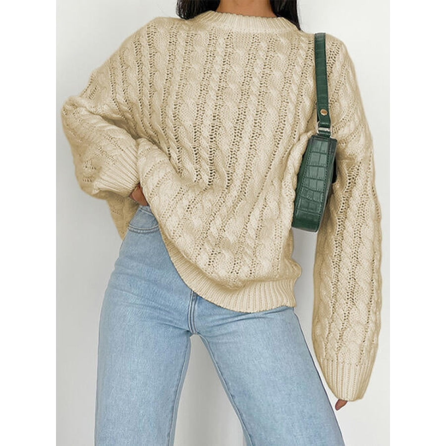 Openwork Round Sleeve Cable-Knit Sweater Sand / S