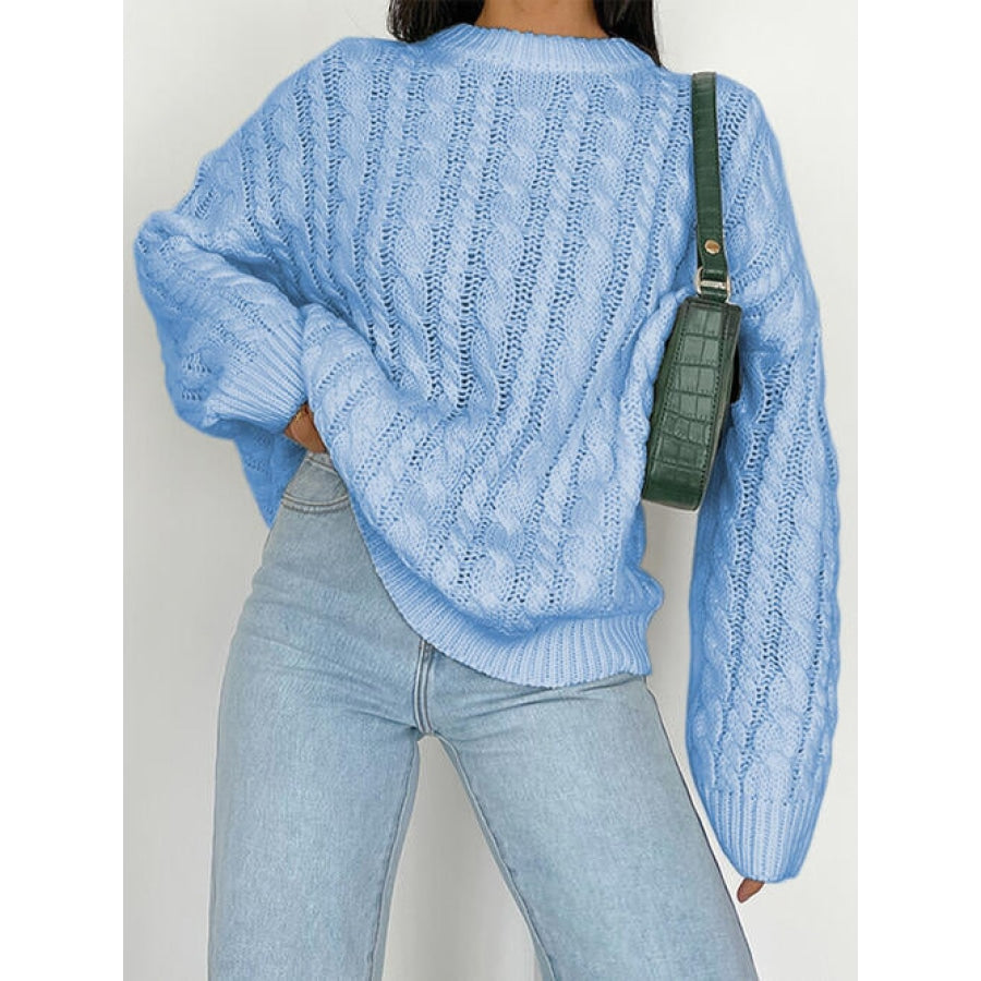 Openwork Round Sleeve Cable-Knit Sweater Sky Blue / S