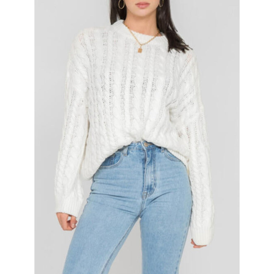 Openwork Round Sleeve Cable-Knit Sweater White / S