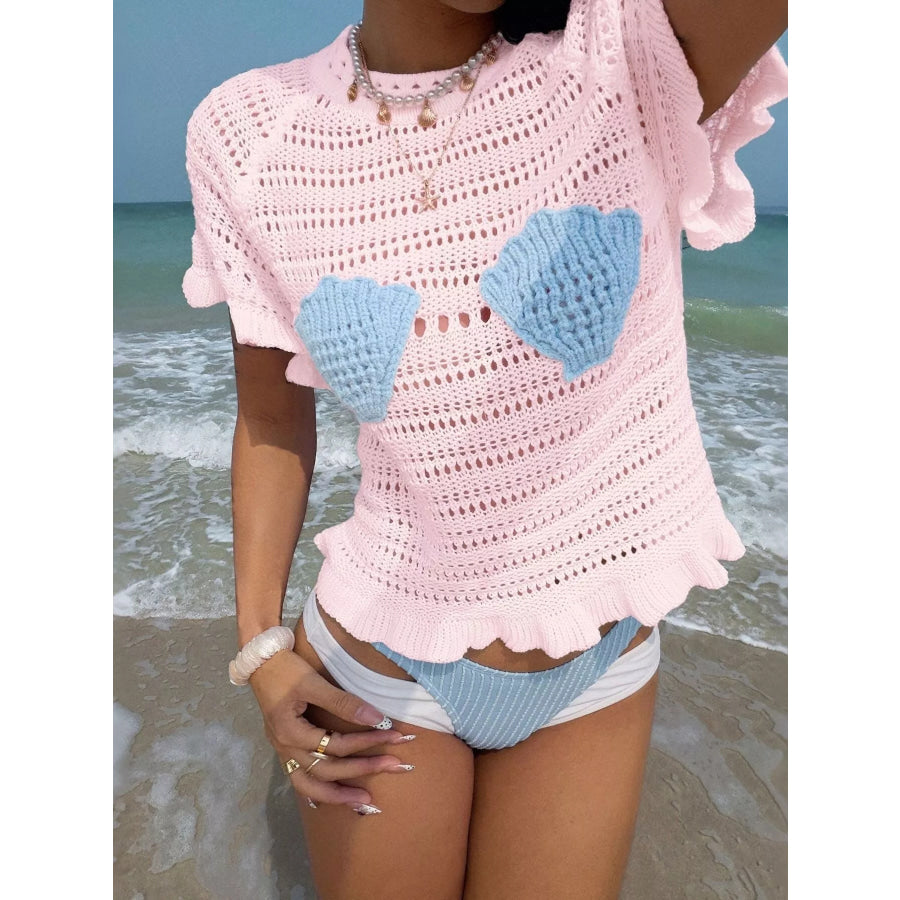 Openwork Ruffled Hem Knit Top Apparel and Accessories