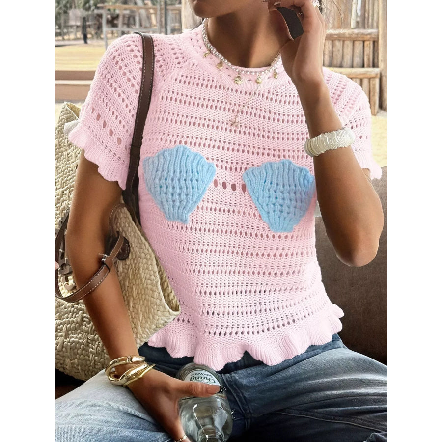 Openwork Ruffled Hem Knit Top Apparel and Accessories