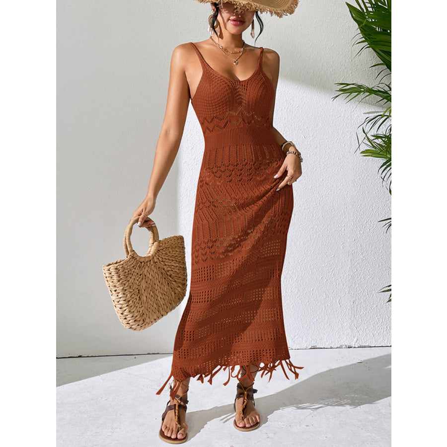 Openwork Scoop Neck Cover-Up Dress Brown / S Apparel and Accessories