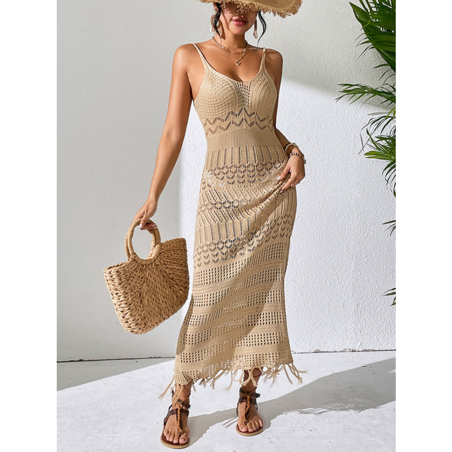 Openwork Scoop Neck Cover-Up Dress Camel / S Apparel and Accessories