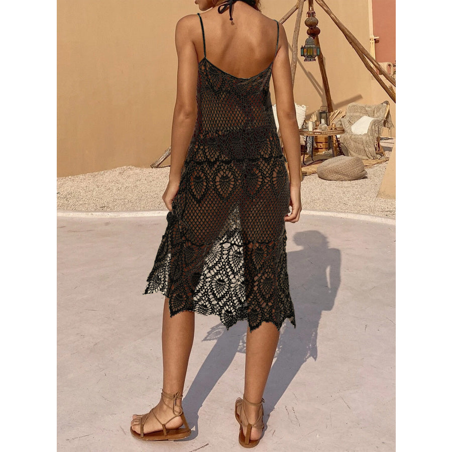 Openwork Scoop Neck Spaghetti Strap Cover-Up Dress Black / One Size Apparel and Accessories