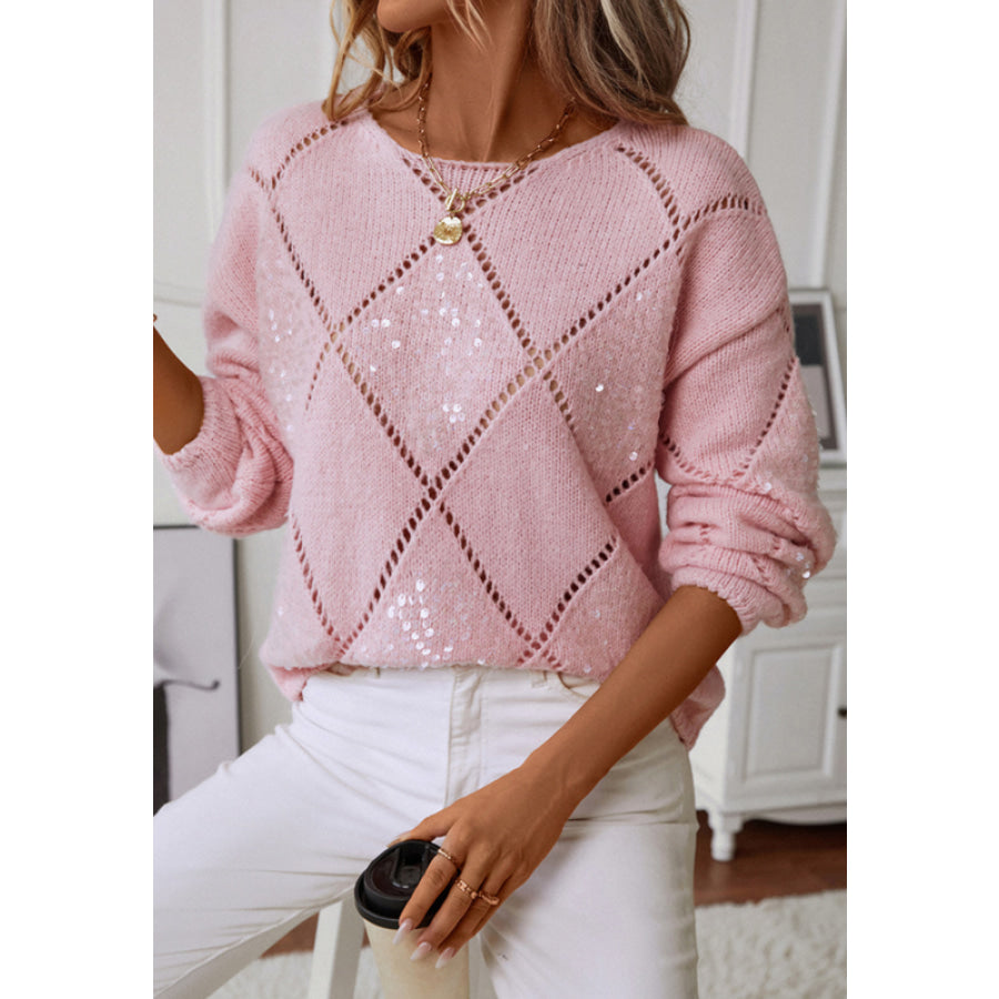 Openwork Sequin Round Neck Long Sleeve Sweater Apparel and Accessories