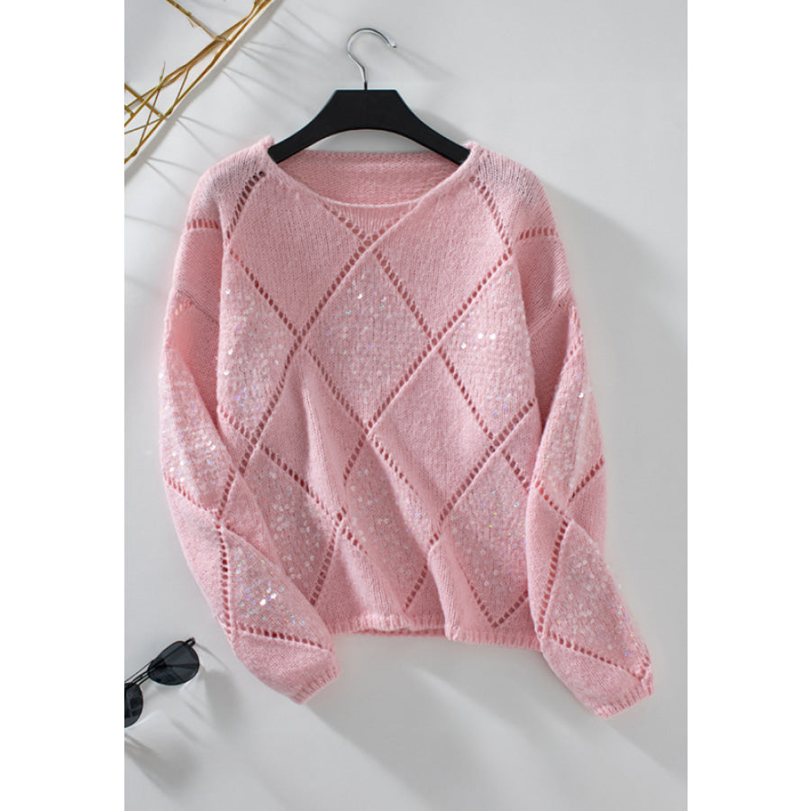 Openwork Sequin Round Neck Long Sleeve Sweater Apparel and Accessories