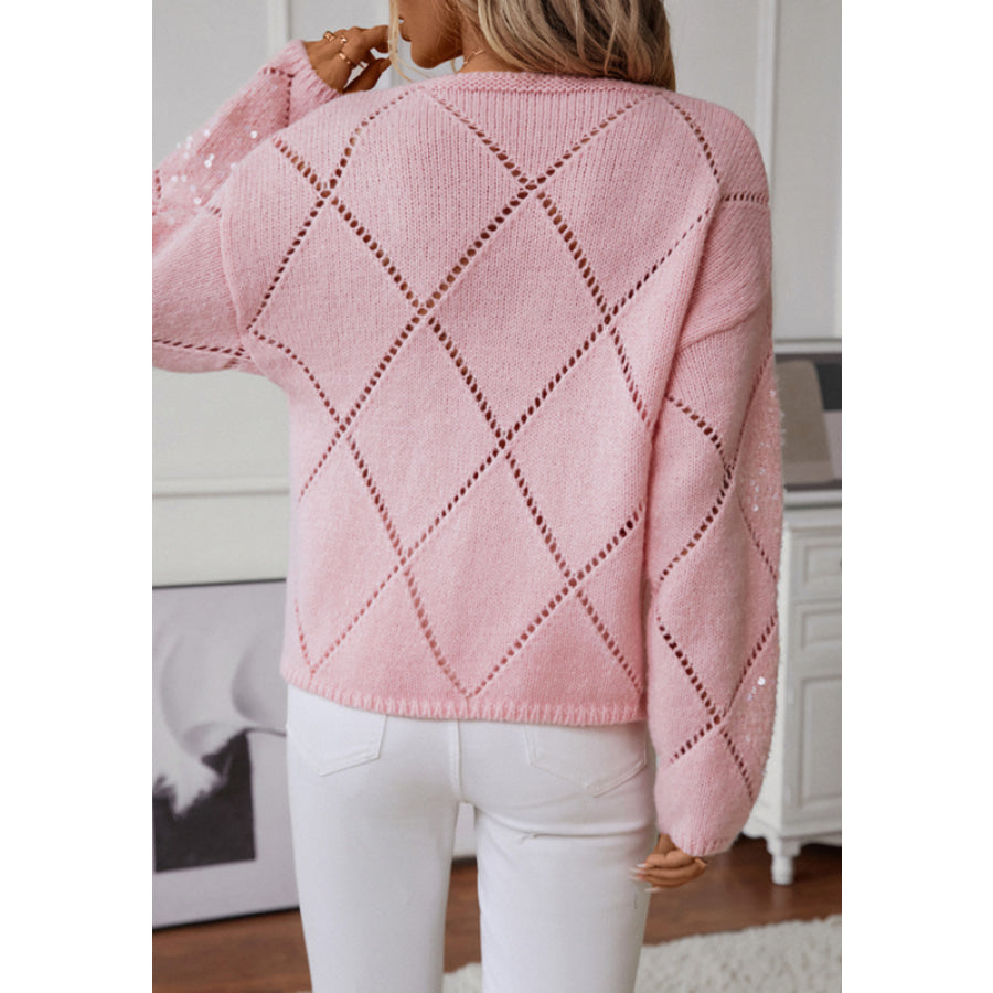 Openwork Sequin Round Neck Long Sleeve Sweater Apparel and Accessories