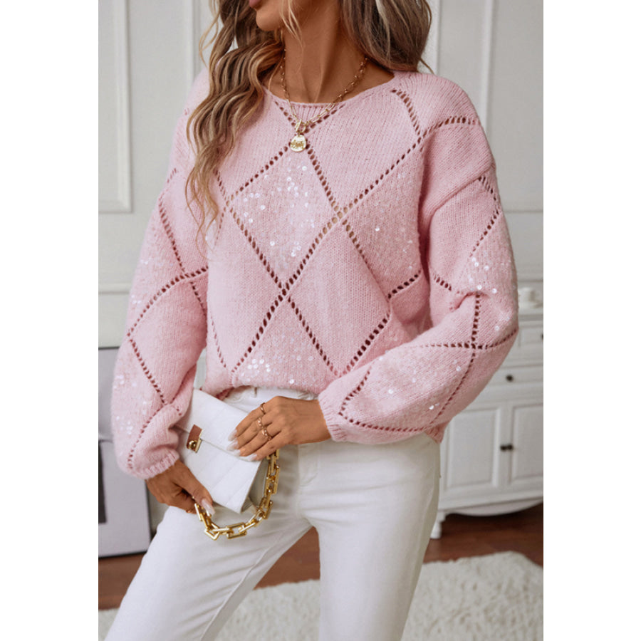 Openwork Sequin Round Neck Long Sleeve Sweater Apparel and Accessories