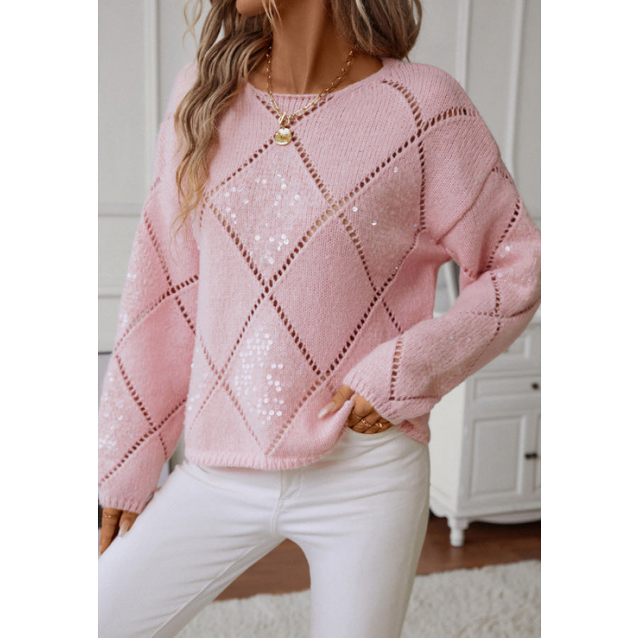 Openwork Sequin Round Neck Long Sleeve Sweater Blush Pink / S Apparel and Accessories