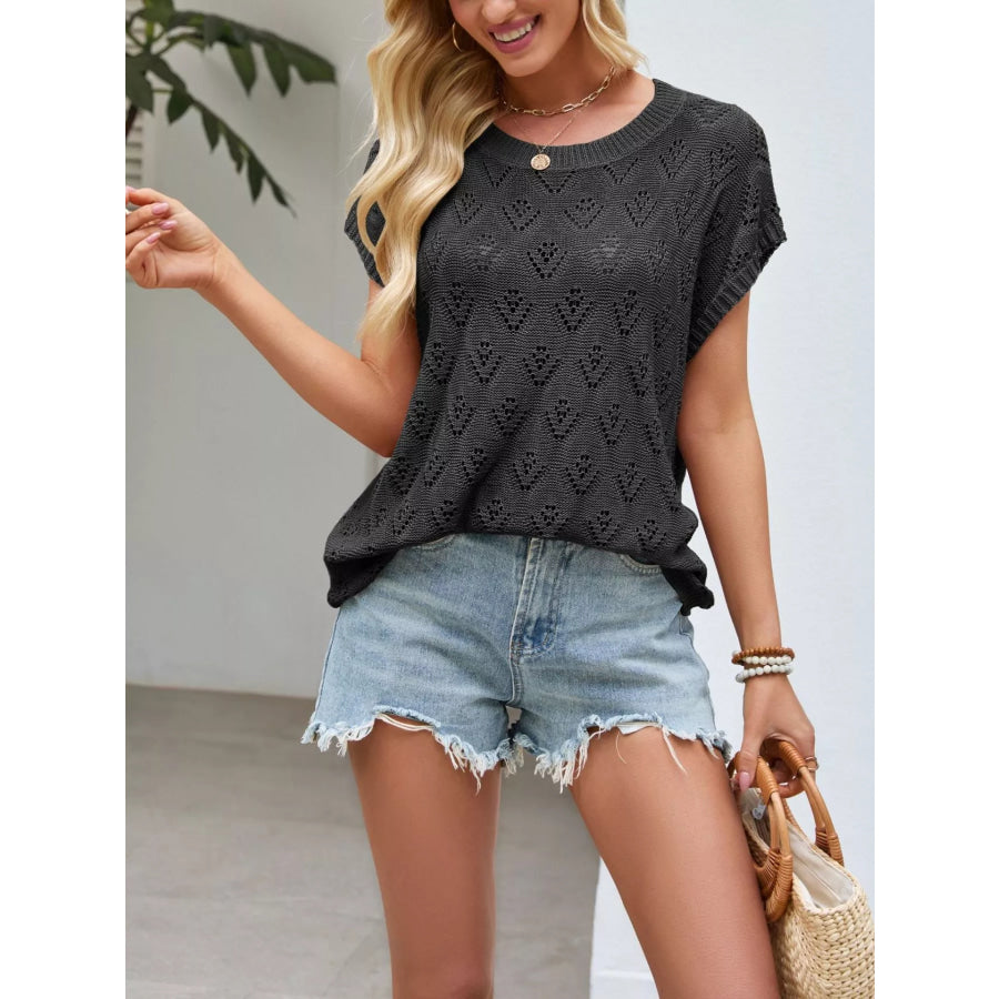 Openwork Short Sleeve Knit Top Black / S Apparel and Accessories