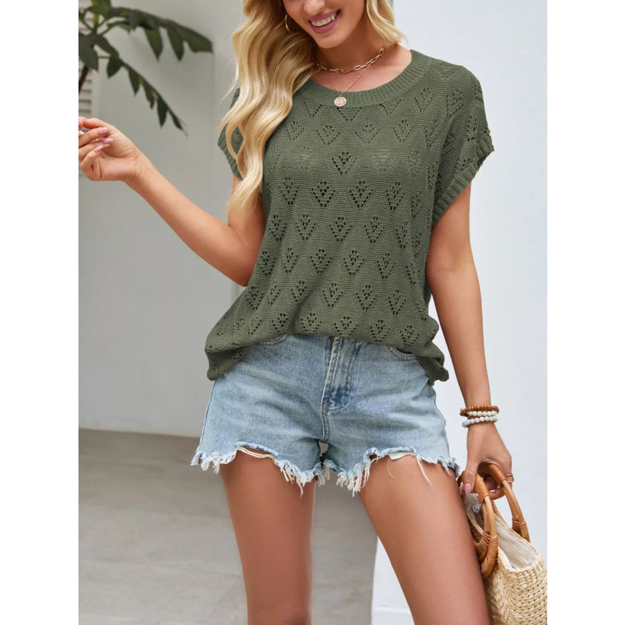 Openwork Short Sleeve Knit Top Green / S Apparel and Accessories