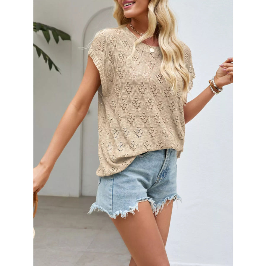 Openwork Short Sleeve Knit Top Khaki / S Apparel and Accessories