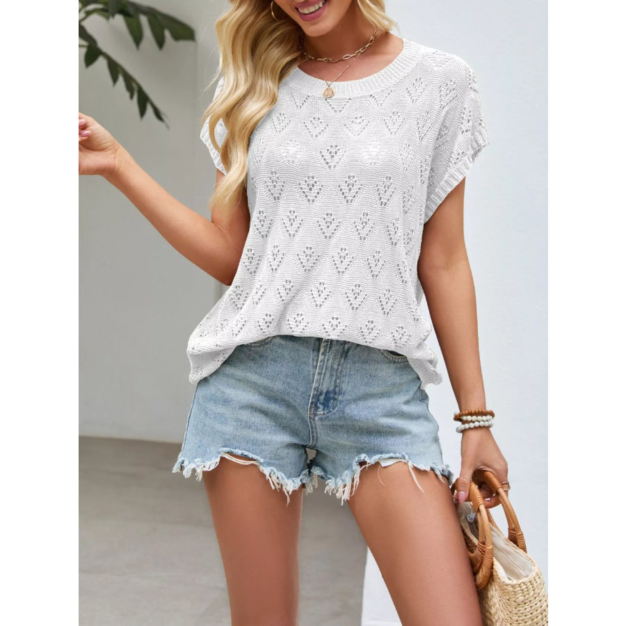 Openwork Short Sleeve Knit Top White / S Apparel and Accessories