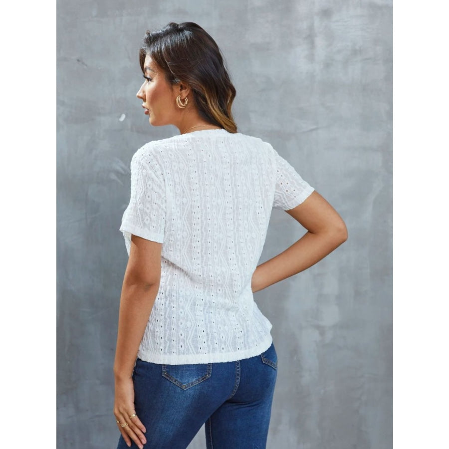 Openwork Short Sleeve Round Neck Top