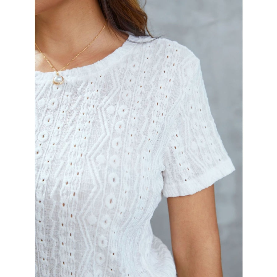 Openwork Short Sleeve Round Neck Top