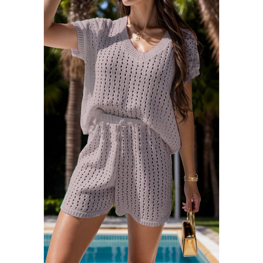 Openwork Short Sleeve Top and Shorts Cover Up Set Apparel and Accessories