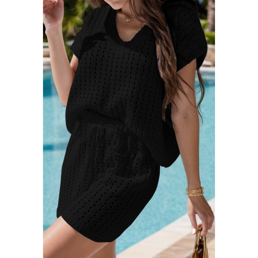 Openwork Short Sleeve Top and Shorts Cover Up Set Black / S Apparel and Accessories