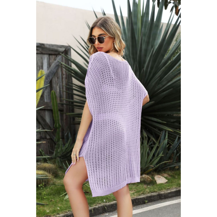 Openwork Side Slit Cover-Up Dress Lavender / One Size Apparel and Accessories