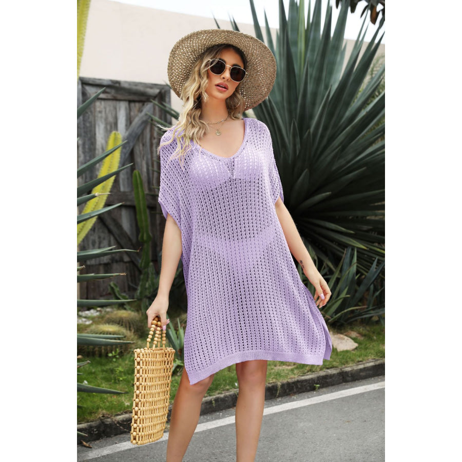 Openwork Side Slit Cover-Up Dress Lavender / One Size Apparel and Accessories