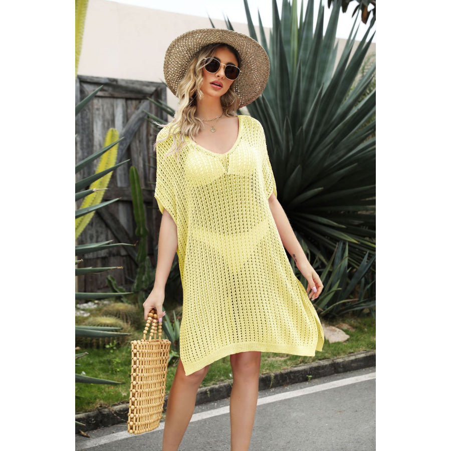 Openwork Side Slit Cover-Up Dress Light Yellow / One Size Apparel and Accessories