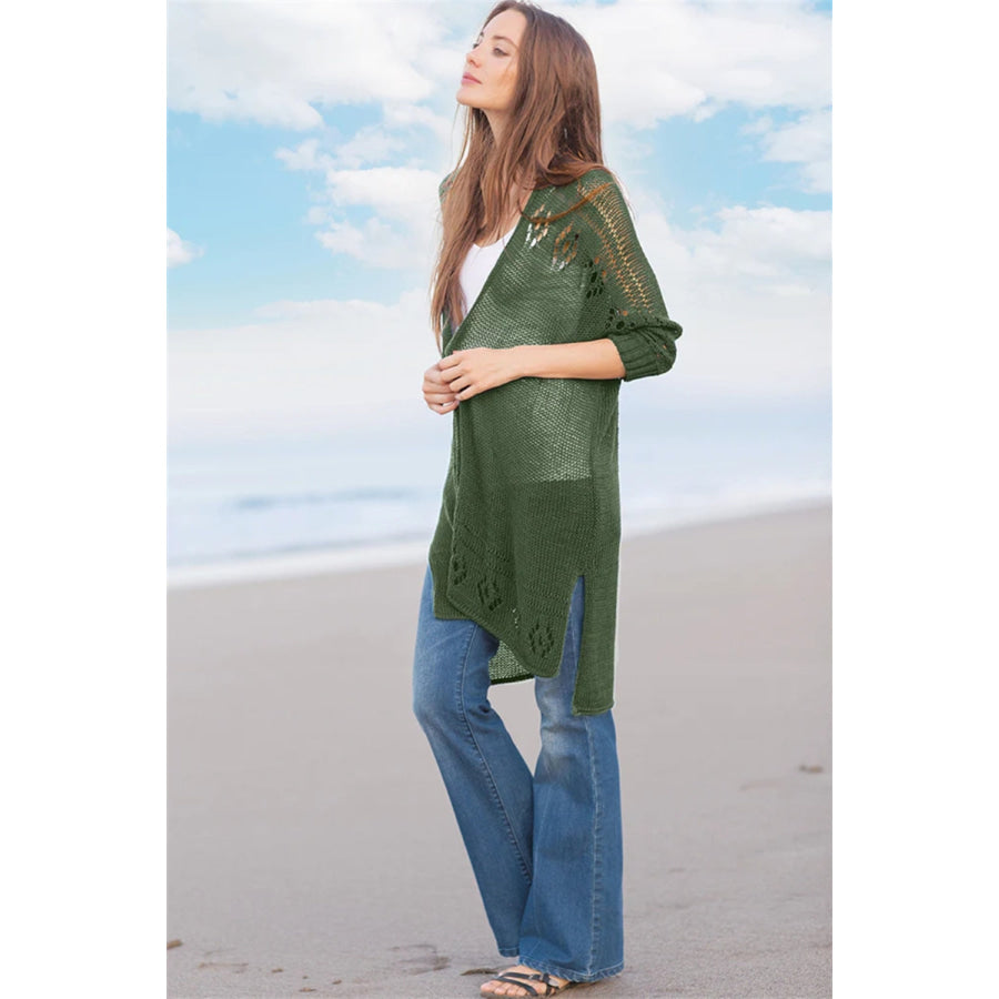Openwork Side Slit Open Front Long Sleeve Cardigan Apparel and Accessories