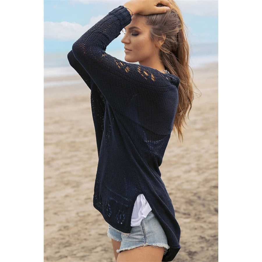 Openwork Side Slit Open Front Long Sleeve Cardigan Apparel and Accessories