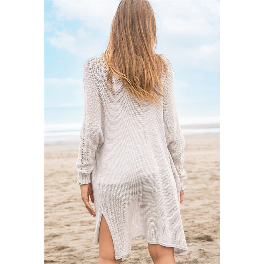 Openwork Side Slit Open Front Long Sleeve Cardigan Apparel and Accessories