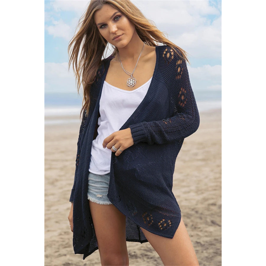 Openwork Side Slit Open Front Long Sleeve Cardigan Apparel and Accessories
