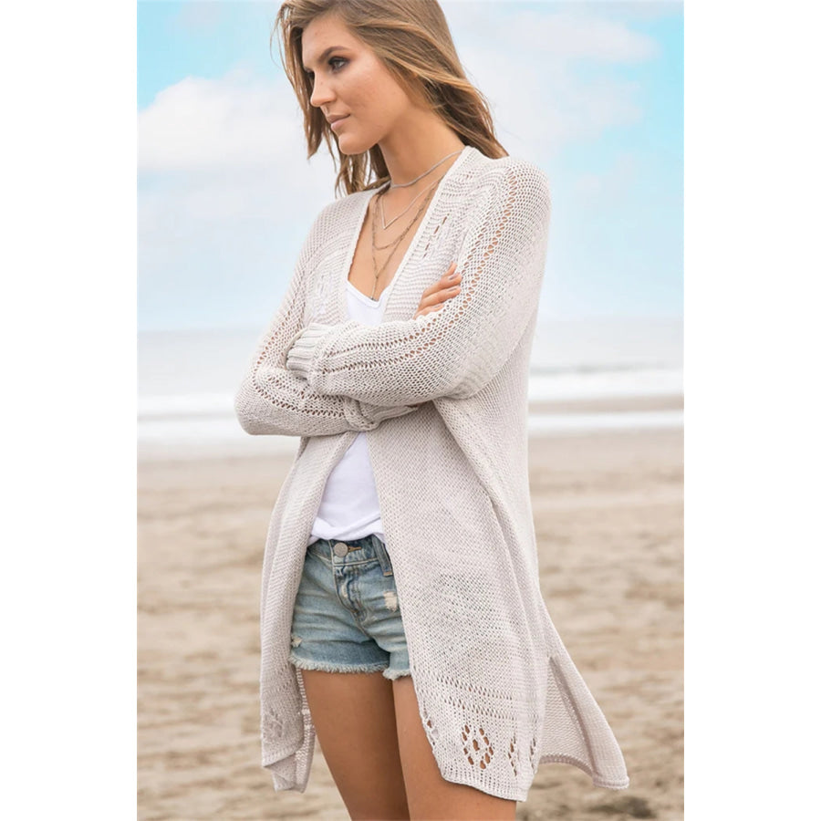 Openwork Side Slit Open Front Long Sleeve Cardigan Apparel and Accessories