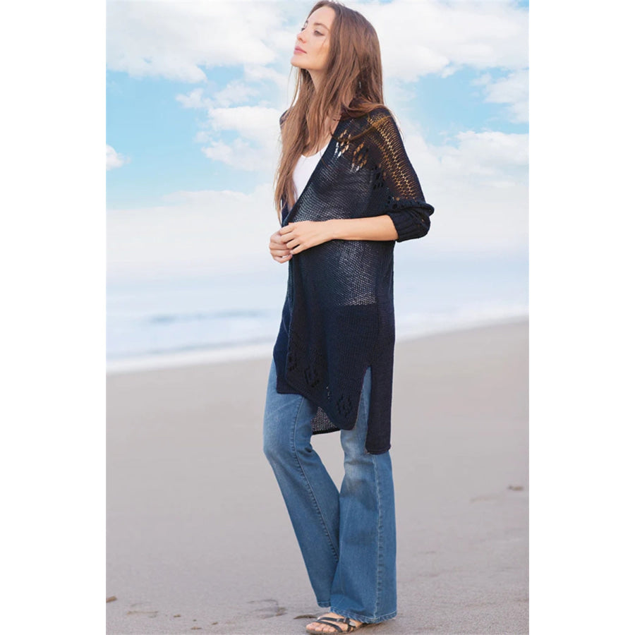 Openwork Side Slit Open Front Long Sleeve Cardigan Apparel and Accessories