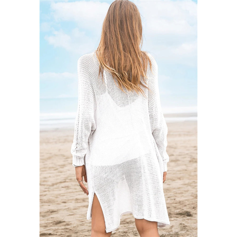 Openwork Side Slit Open Front Long Sleeve Cardigan Apparel and Accessories