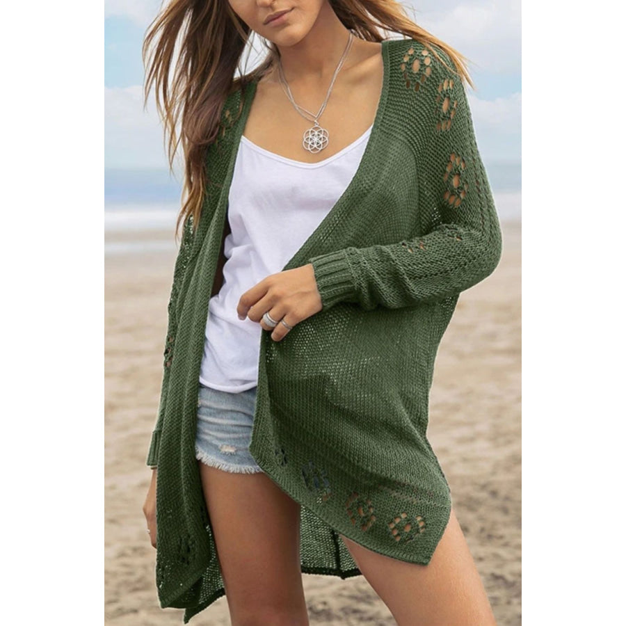 Openwork Side Slit Open Front Long Sleeve Cardigan Army Green / S Apparel and Accessories