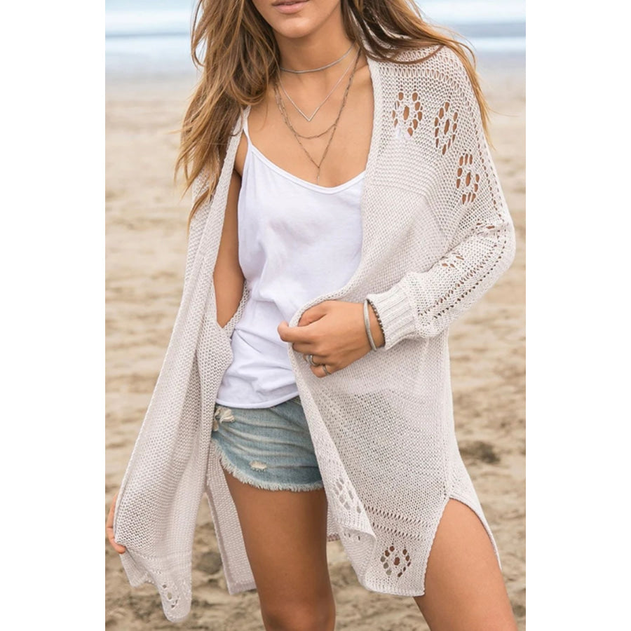 Openwork Side Slit Open Front Long Sleeve Cardigan Beige / S Apparel and Accessories