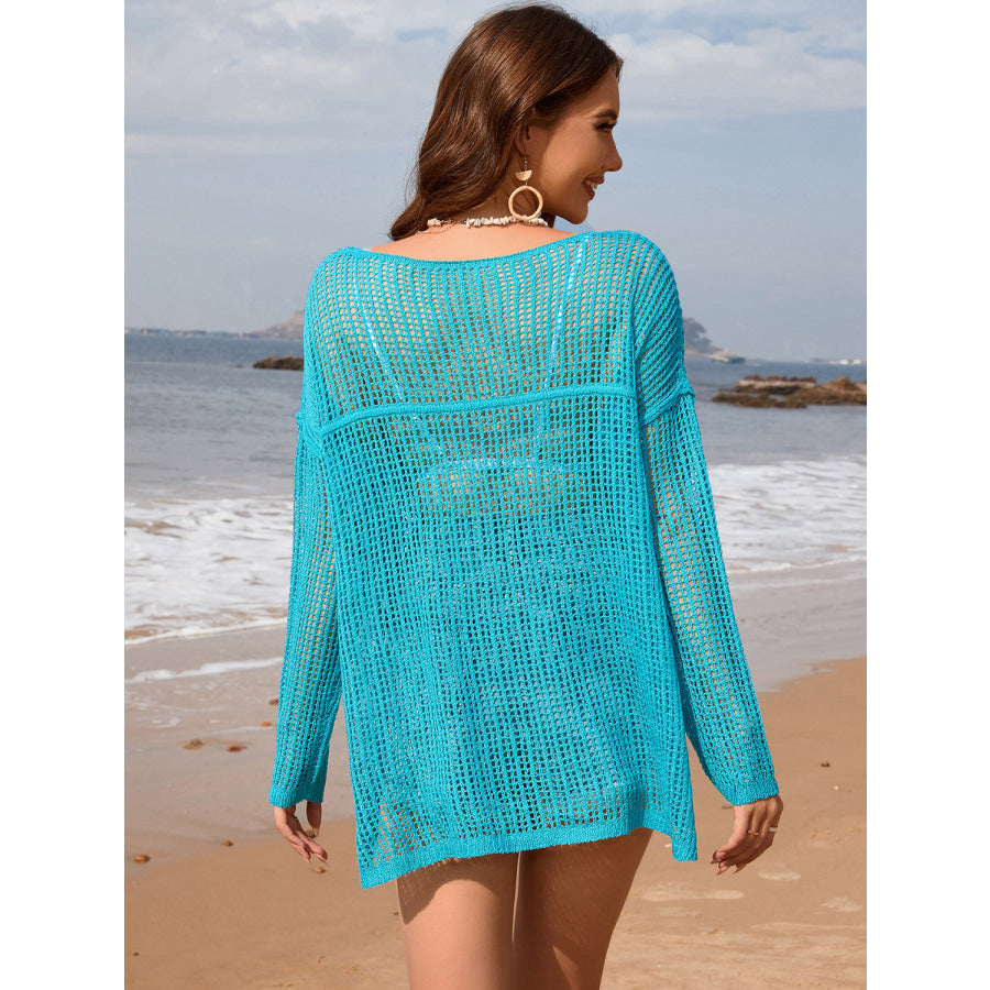Openwork Slit Boat Neck Long Sleeve Cover - Up Tiffany Blue / S Apparel and Accessories