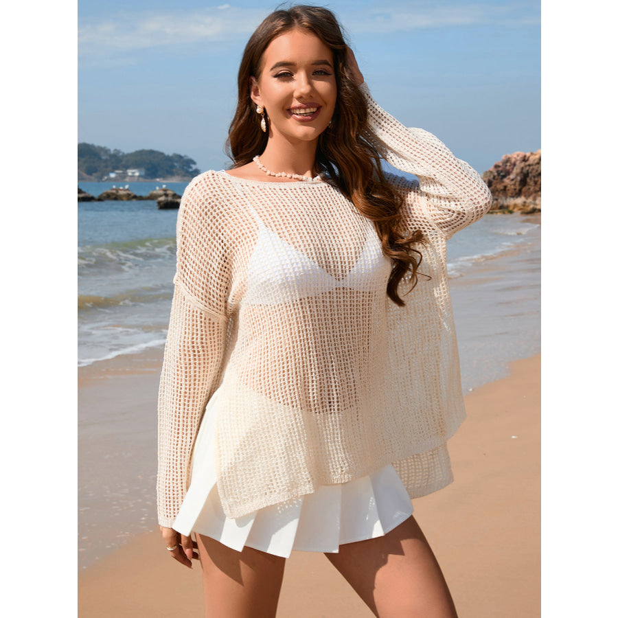 Openwork Slit Boat Neck Long Sleeve Cover - Up Cream / S Apparel and Accessories