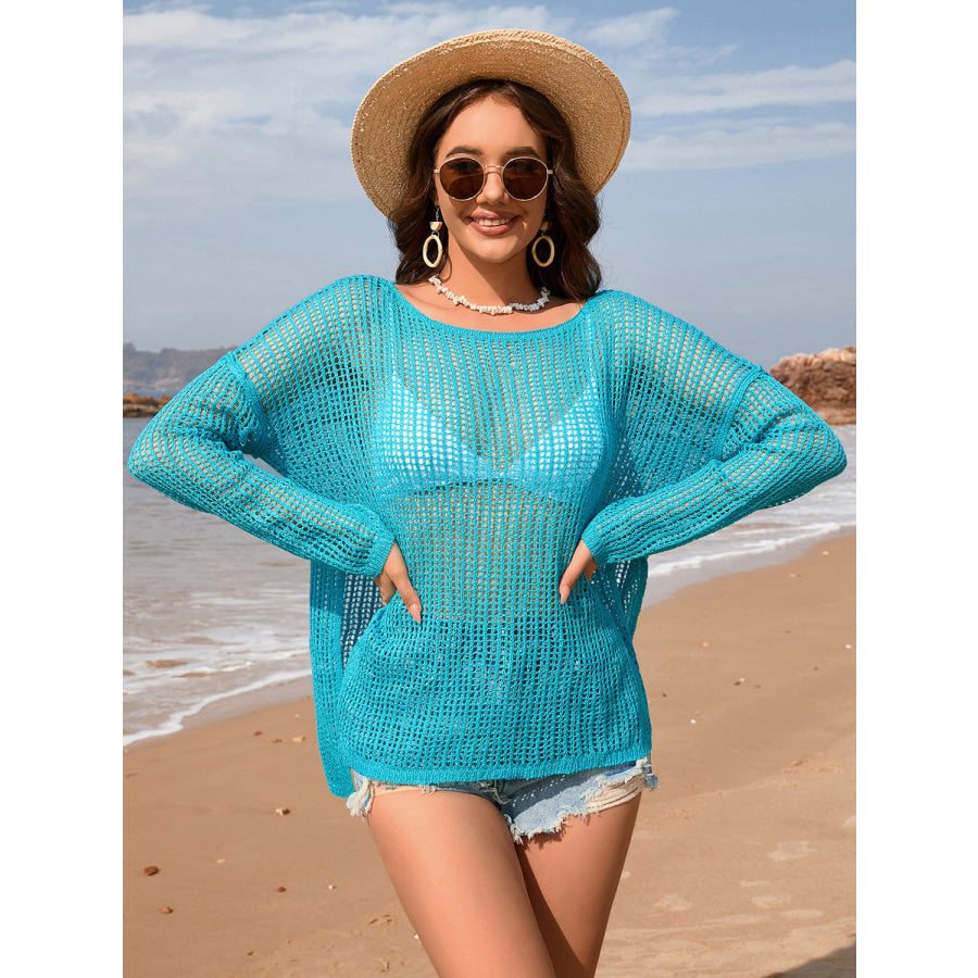 Openwork Slit Boat Neck Long Sleeve Cover - Up Tiffany Blue / S Apparel and Accessories