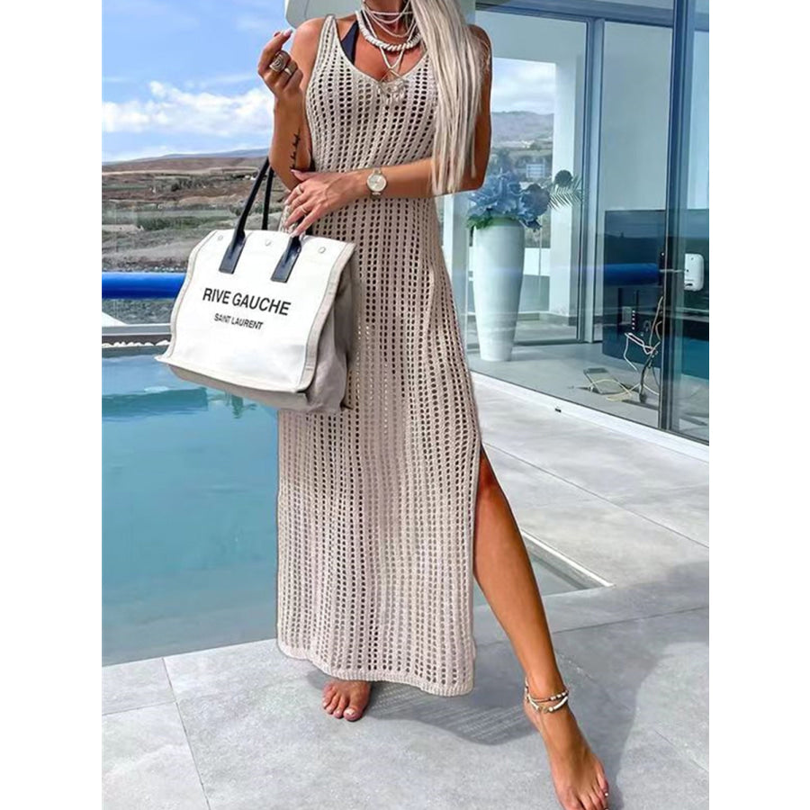 Openwork Slit Cutout Wide Strap Dress Beige / S Apparel and Accessories