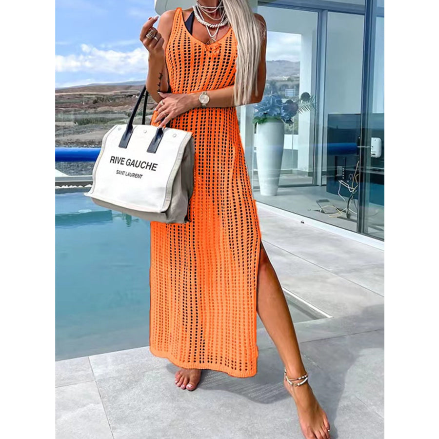 Openwork Slit Cutout Wide Strap Dress Orange / S Apparel and Accessories