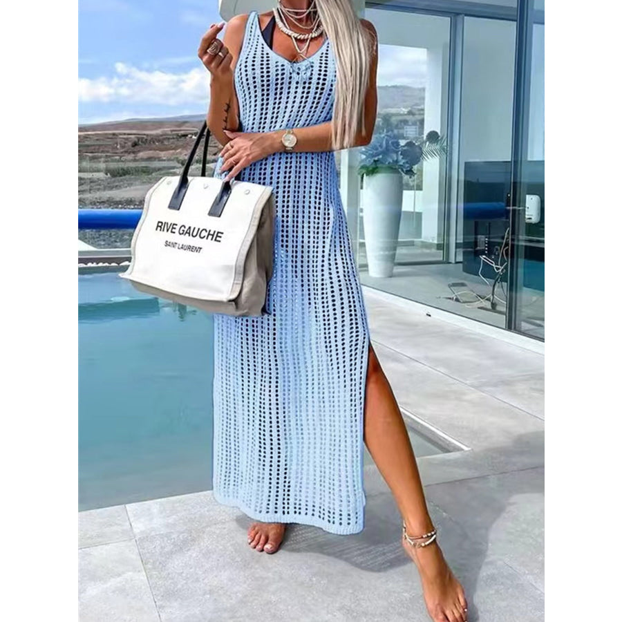 Openwork Slit Cutout Wide Strap Dress Pastel Blue / S Apparel and Accessories