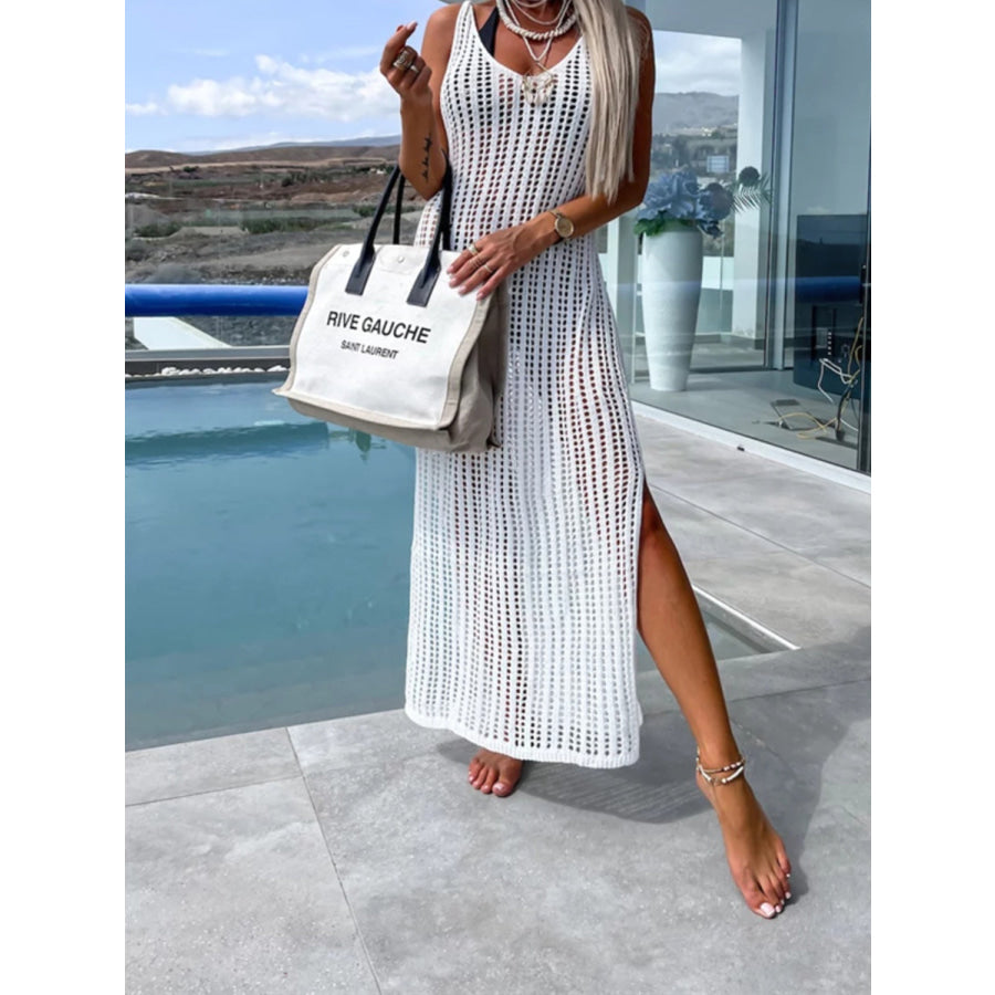 Openwork Slit Cutout Wide Strap Dress White / S Apparel and Accessories