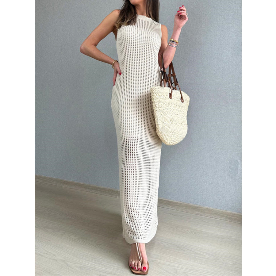 Openwork Slit Round Neck Cover-Up Beige / S Apparel and Accessories