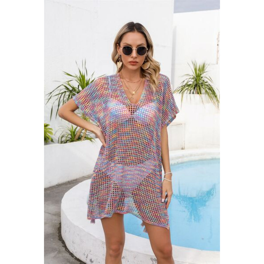 Openwork Slit V - Neck Cover Up Fuchsia / One Size Apparel and Accessories